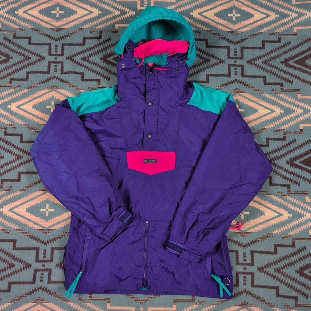 Vintage Columbia Sportswear Anorak Jacket 90's Purple Aqua Hoodie Large Gorpcore